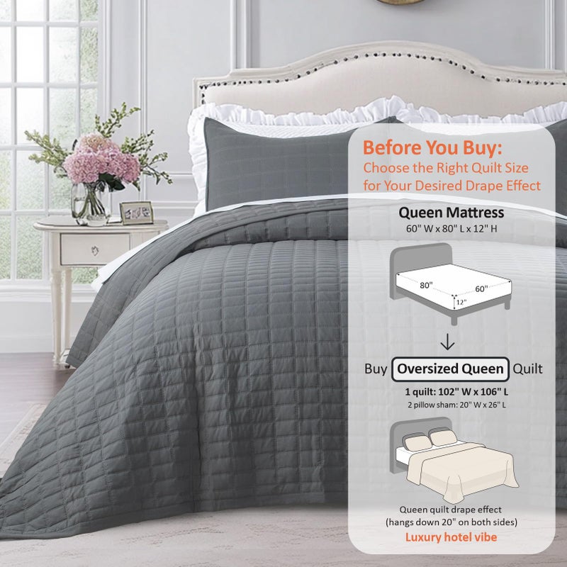 KASENTEX Oversized Queen Quilt Set 102"x106" â€“ Soft Washed 3-Layer Lightweight Bedspread, Minimalist Nordic Design, All-Season Spring & Summer Quilt Set (1 Quilt + 2 Pillow Shams), Dark Grey - Image 3